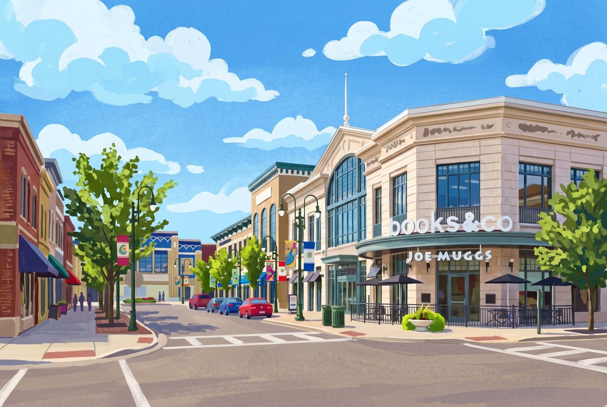 Painting of the main street at The Greene Town Center in Beavercreek, Ohio