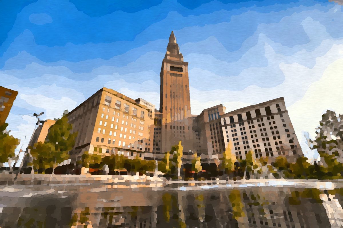 Painting of Terminal Tower over Public Square in downtown Cleveland, Ohio