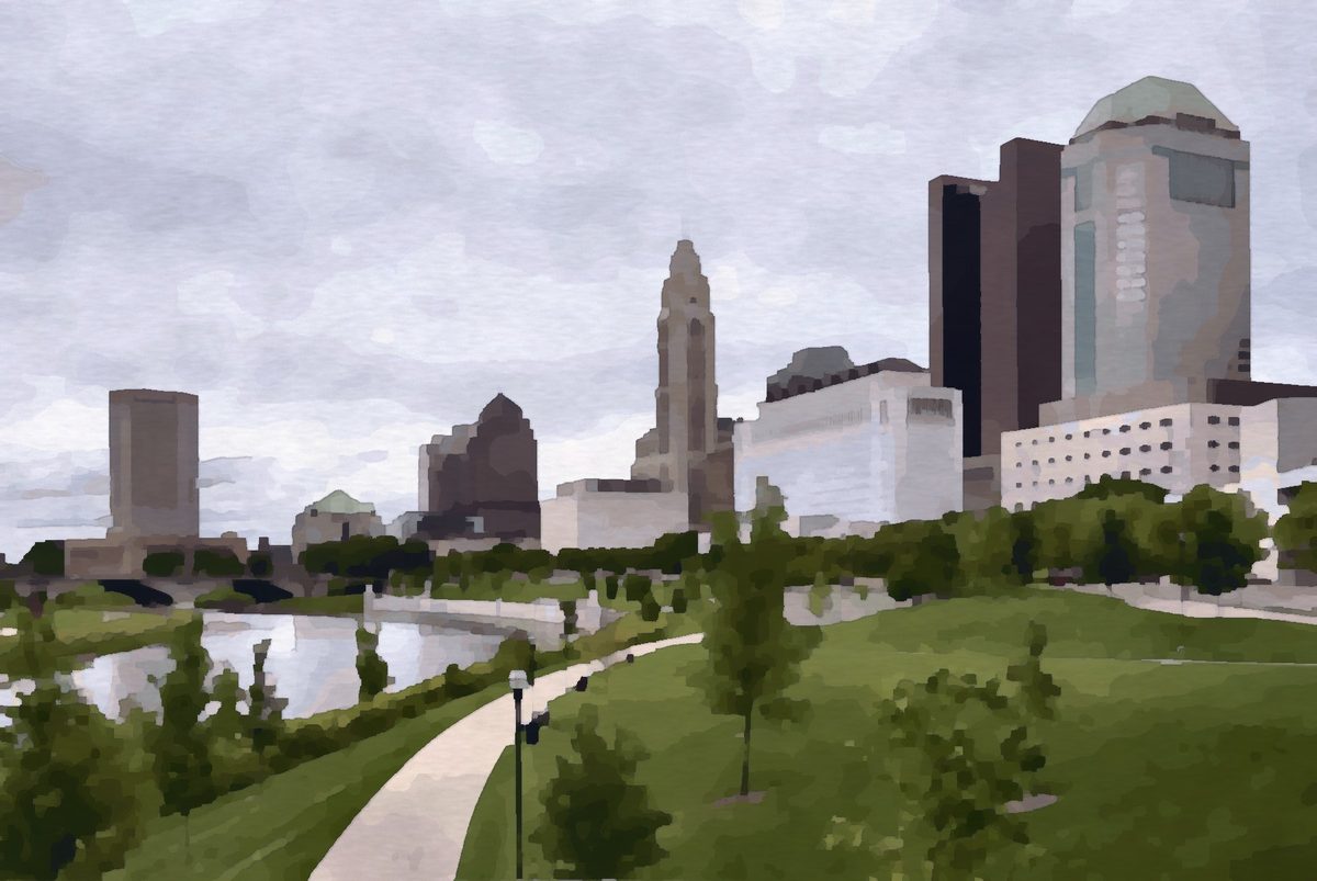 Painting of the downtown Columbus skyline along the Scioto River