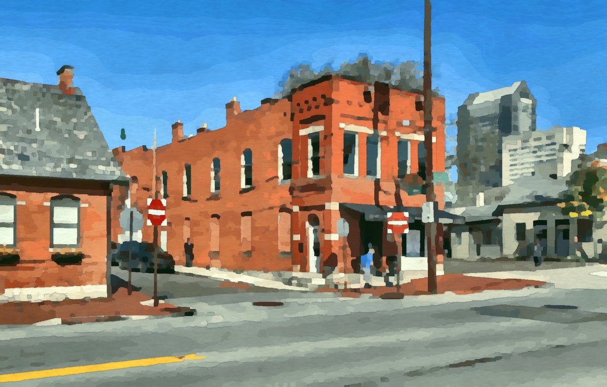 Painting of brick streets and homes in German Village, Columbus, Ohio