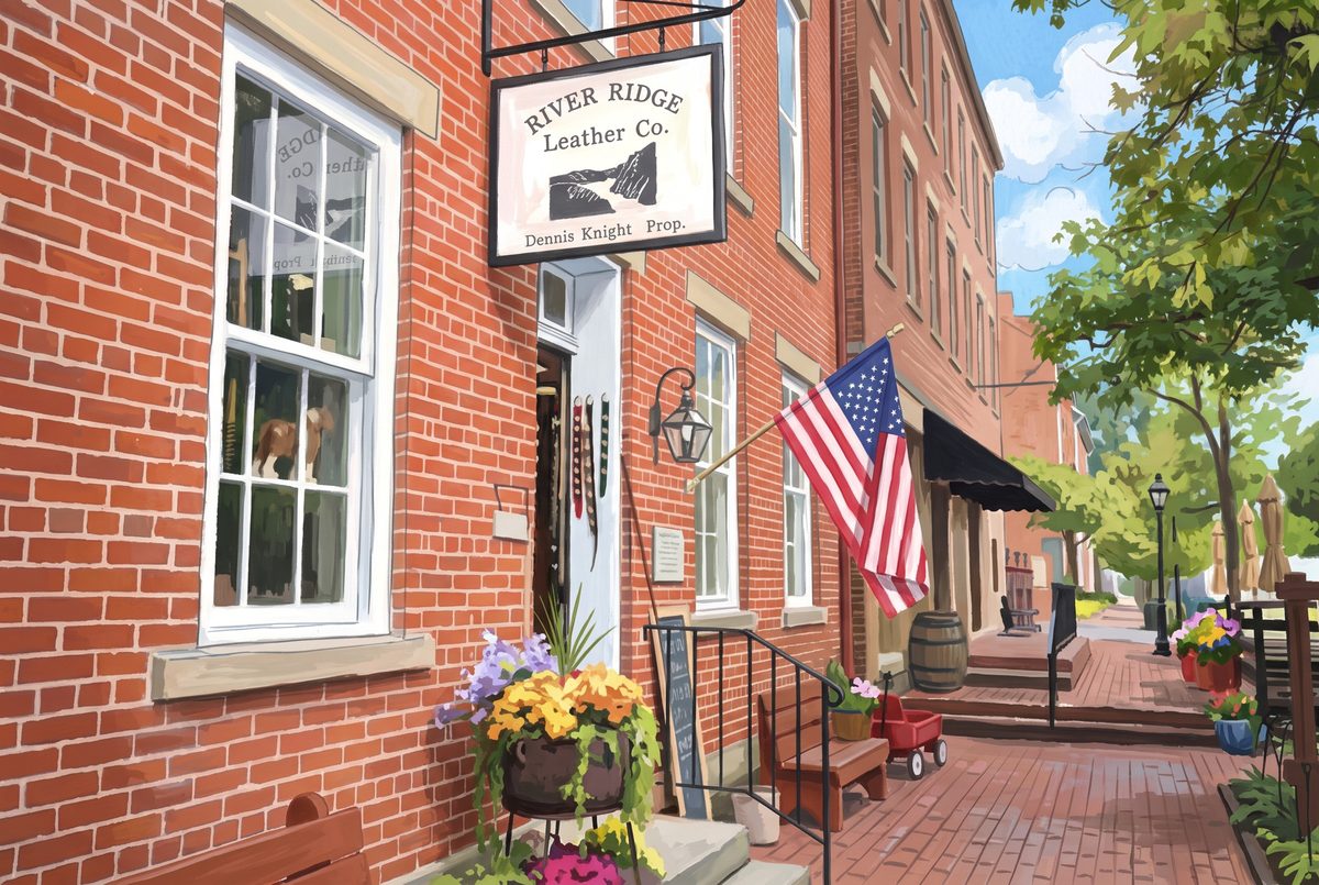 Painting of restored canal-era brick storefronts in Roscoe Village, Coshocton, Ohio
