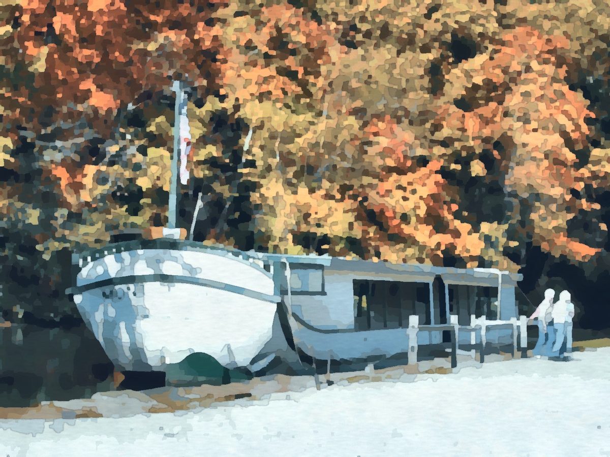 Painting of the Monticello III canal boat at Lake Park in Coshocton, Ohio