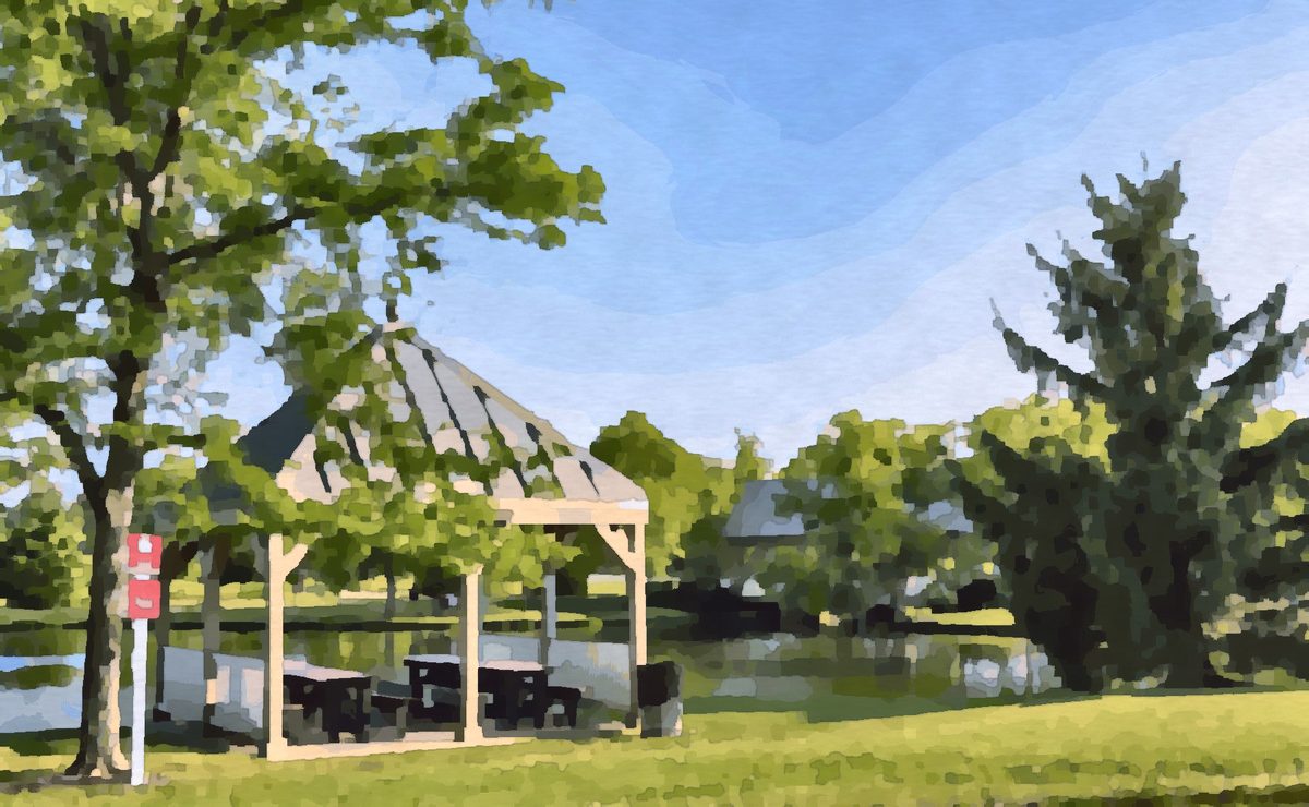 Painting of the gazebo and covered bridge at Homestead Park in Hilliard, Ohio