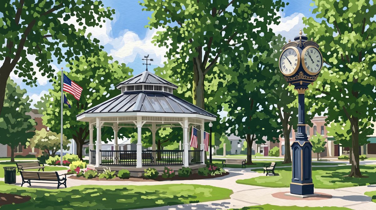 Painting of the bandstand gazebo and town clock in Bigelow Park, Johnstown, Ohio