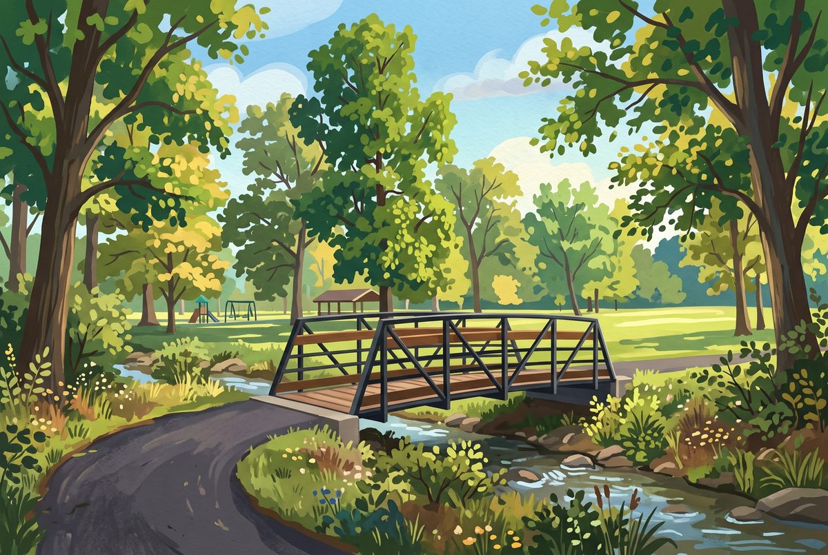 Painting of a footbridge over a wooded stream at Indian Riffle Park in Kettering, Ohio