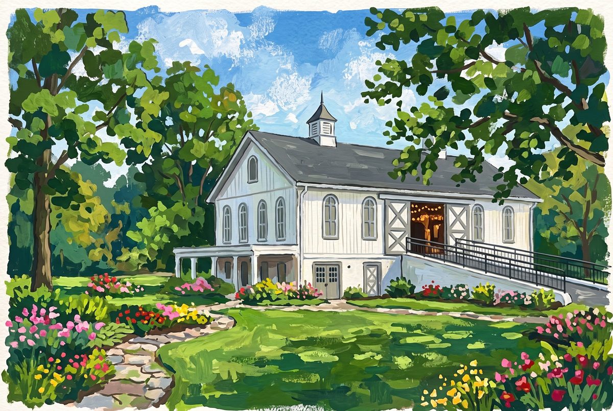 Painting of the historic farmhouse and gardens at Polen Farm in Kettering, Ohio
