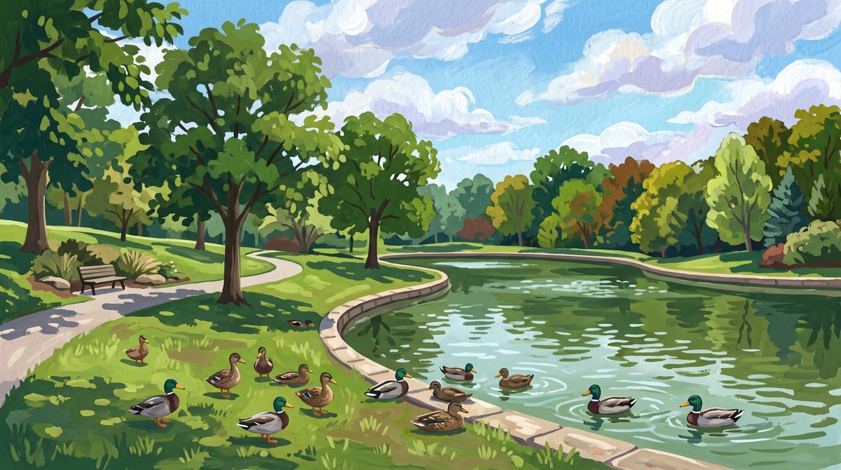 Painting of the pond at Lincoln Park Civic Commons in Kettering, Ohio