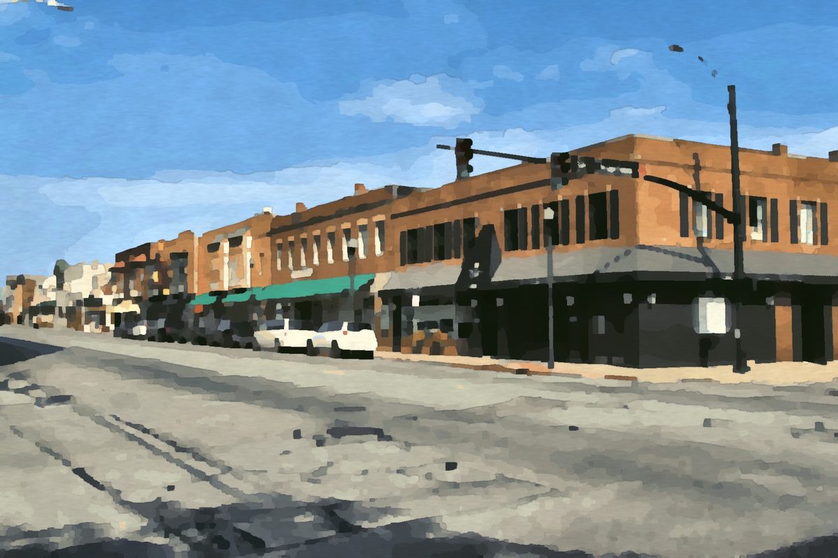 Painting of historic storefronts on Detroit Avenue in downtown Lakewood, Ohio