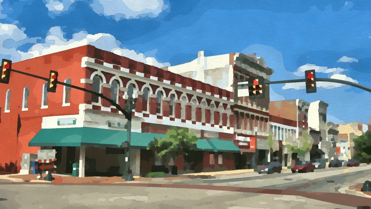 Painting of historic buildings on Main Street in downtown Lancaster, Ohio