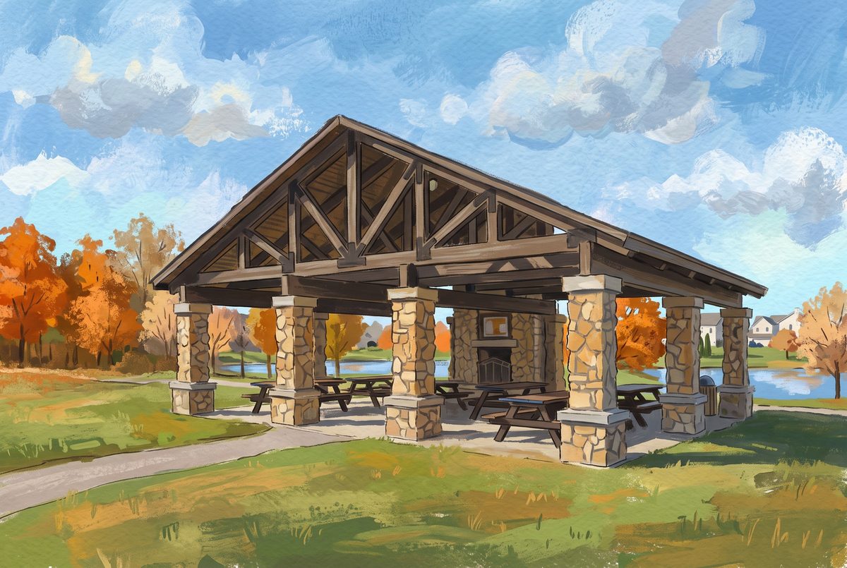 Painting of the stone-pillared shelter and pond at North Orange Park near Lewis Center, Ohio