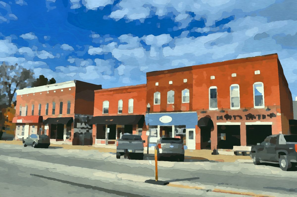 Painting of historic buildings on Main Street in Madison, Ohio