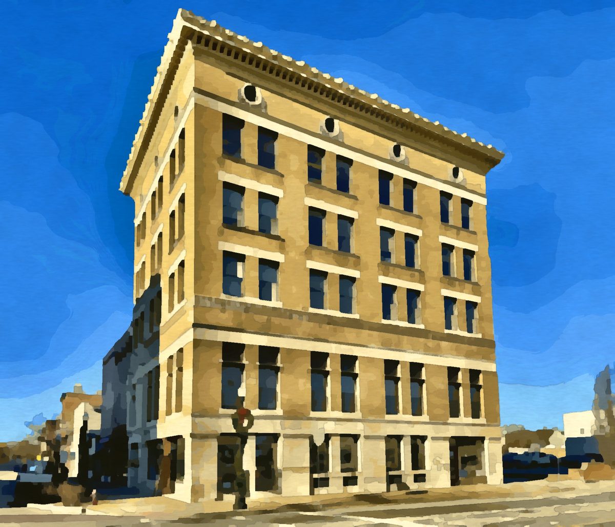 Painting of historic buildings on Front Street in Marietta, Ohio