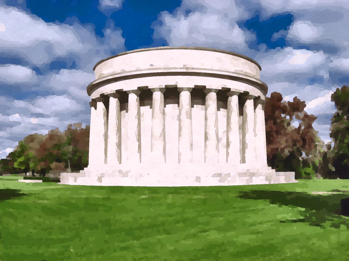 Painting of the circular marble Harding Memorial tomb in Marion, Ohio