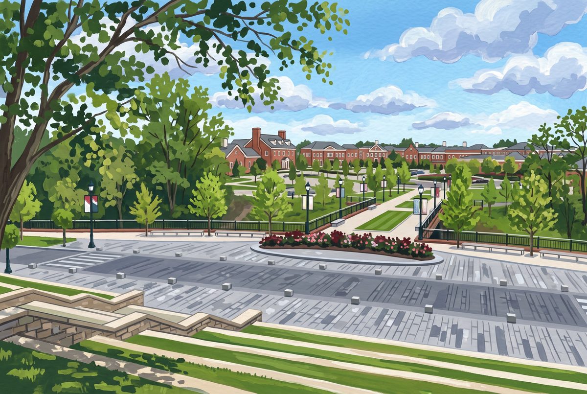 Painting of the lawn at Rose Run Park looking toward the Georgian brick buildings of Market Square in New Albany, Ohio
