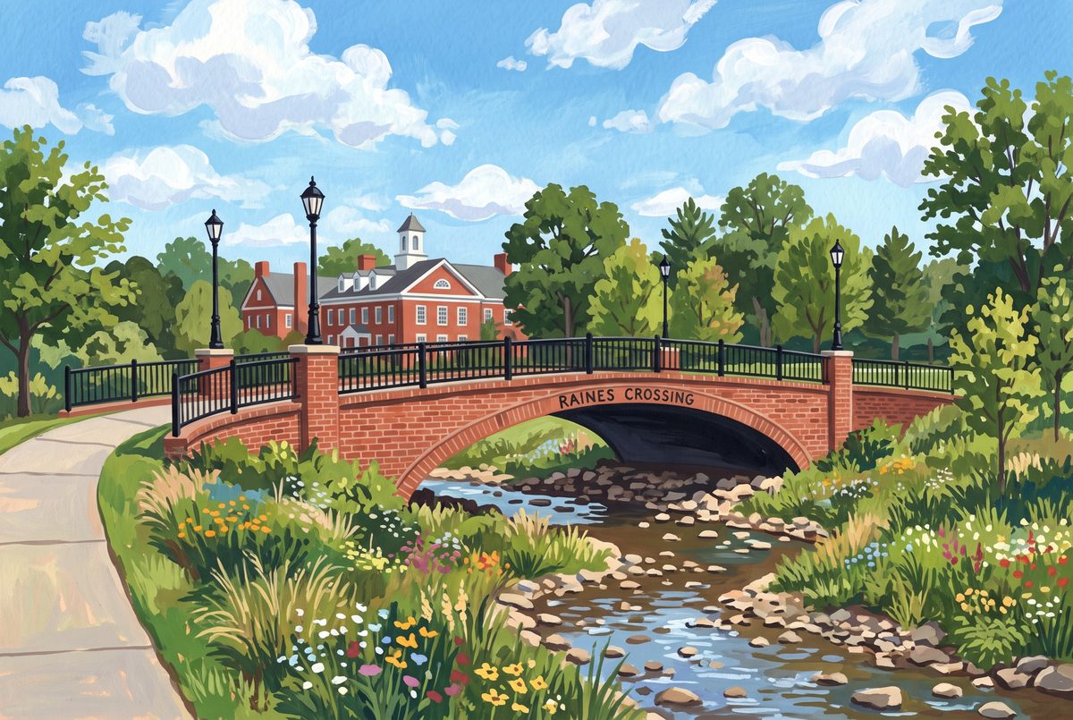 Painting of a red-brick footbridge over the creek at Rose Run Park in New Albany, Ohio
