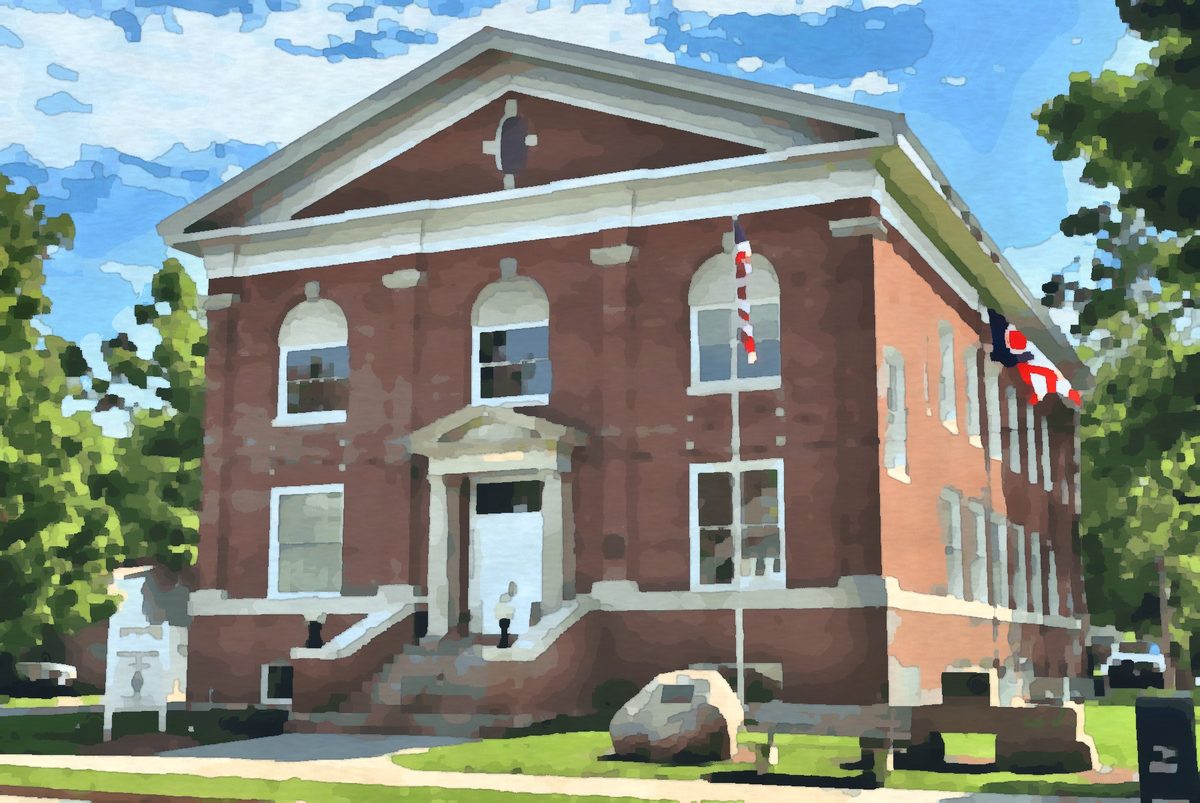 Painting of the historic town hall in Pataskala, Ohio