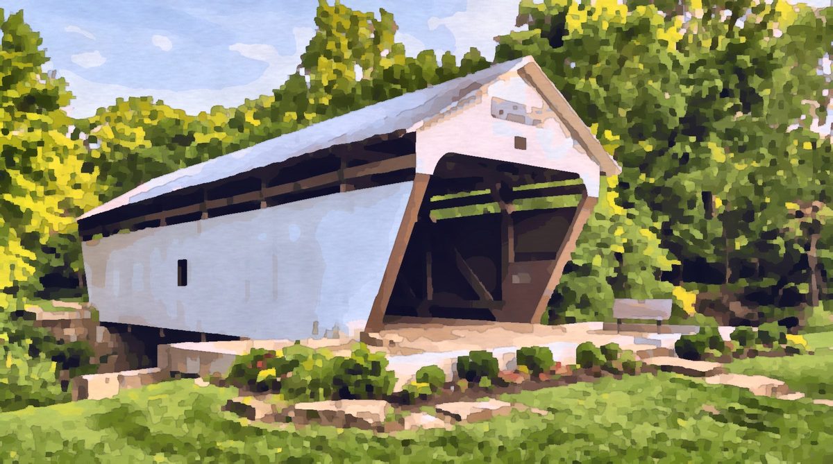 Painting of the white Zeller-Smith Covered Bridge in Sycamore Park, Pickerington, Ohio