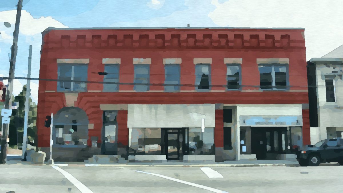 Painting of the historic Farmers National Bank building in Plain City, Ohio
