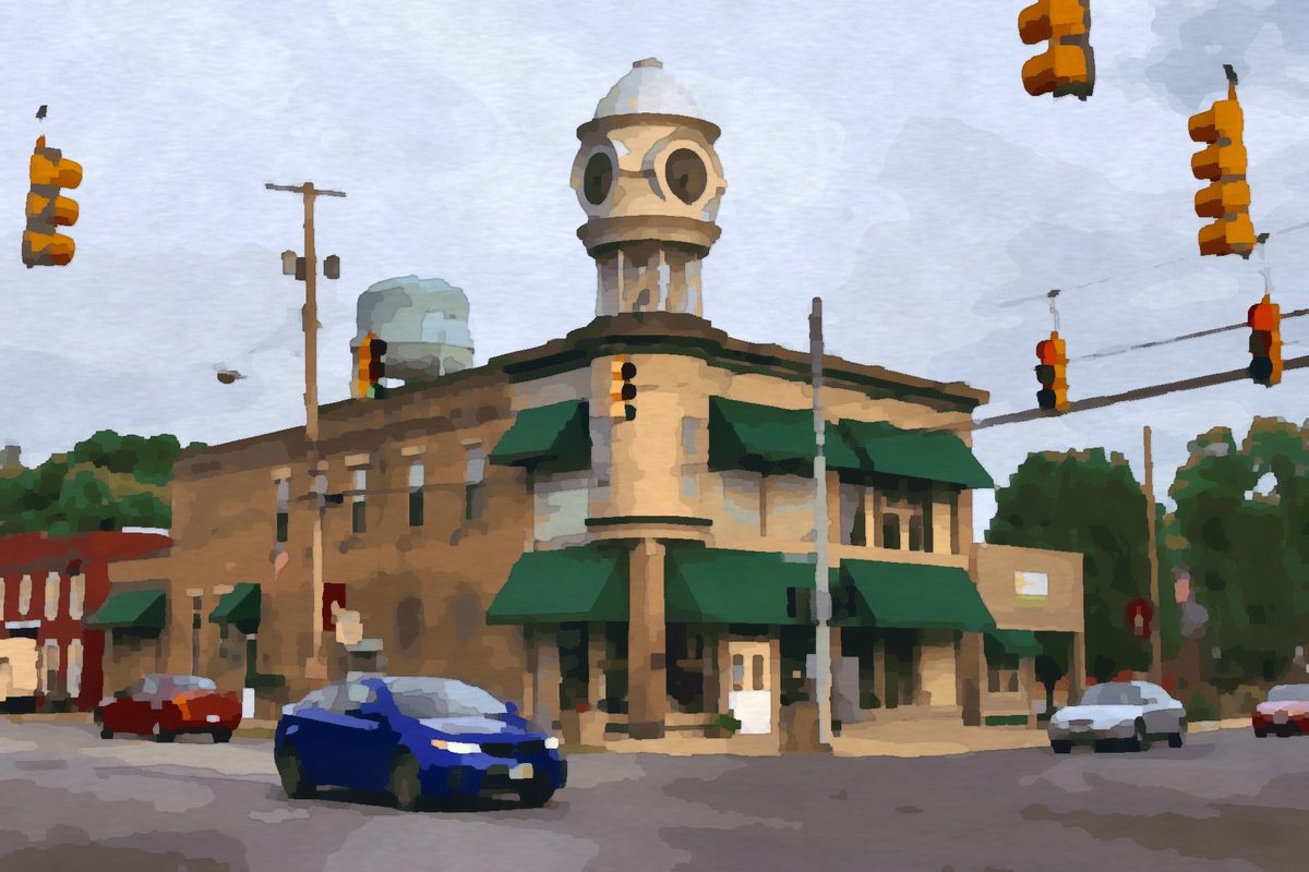 Painting of the clock tower in Uptown Plain City, Ohio