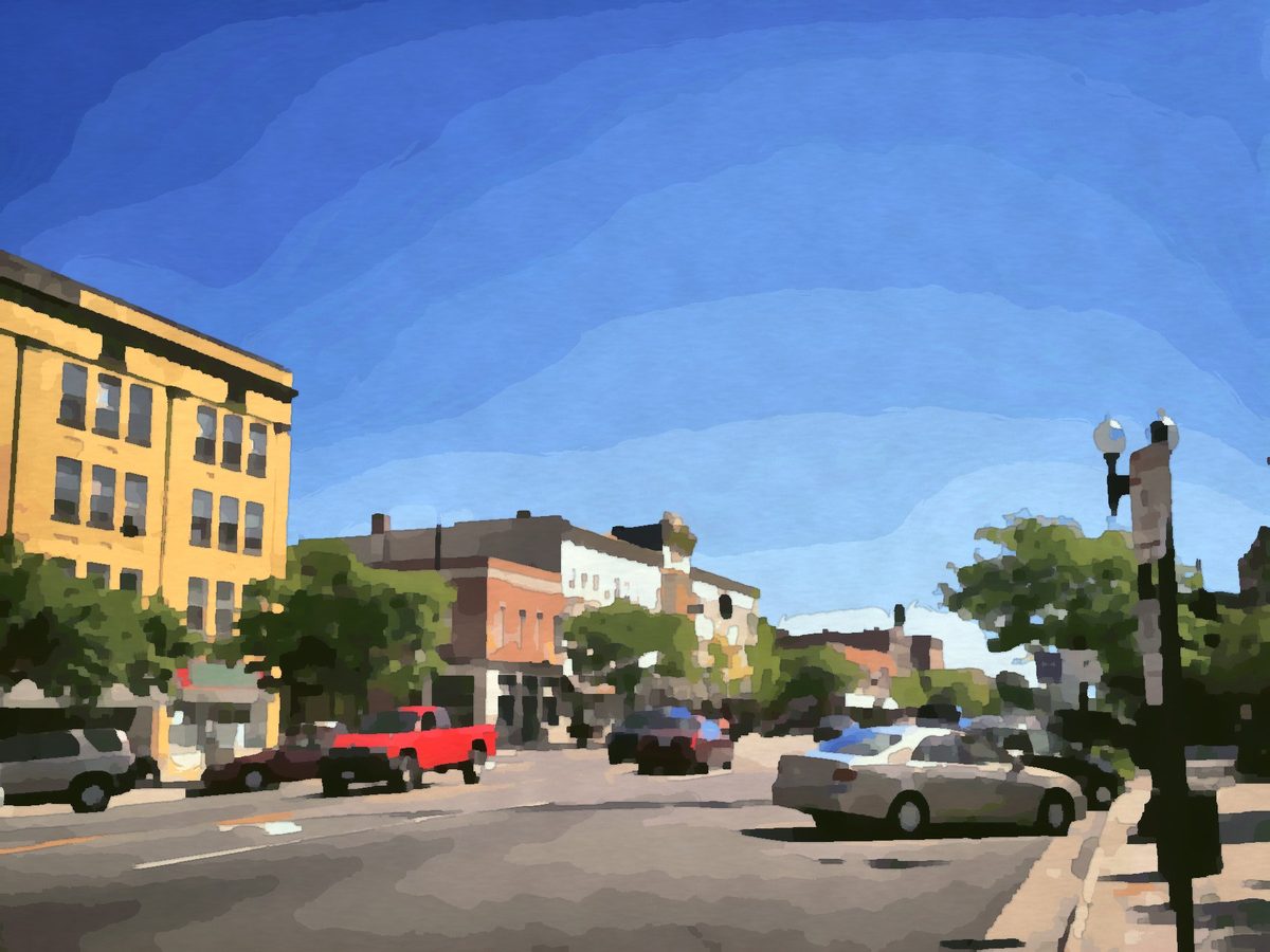 Painting of historic storefronts on Main Street in Ravenna, Ohio
