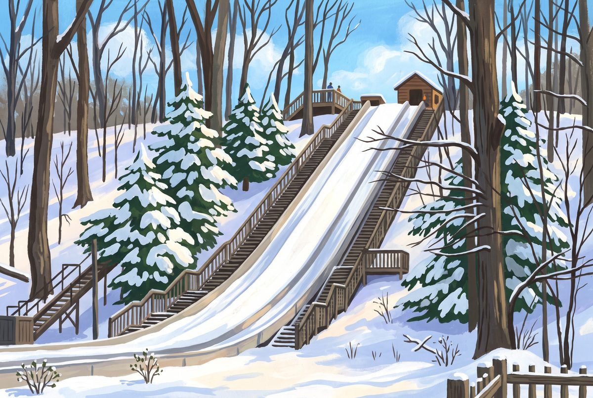Painting of the toboggan chutes at The Chalet in Mill Stream Run Reservation, Strongsville, Ohio