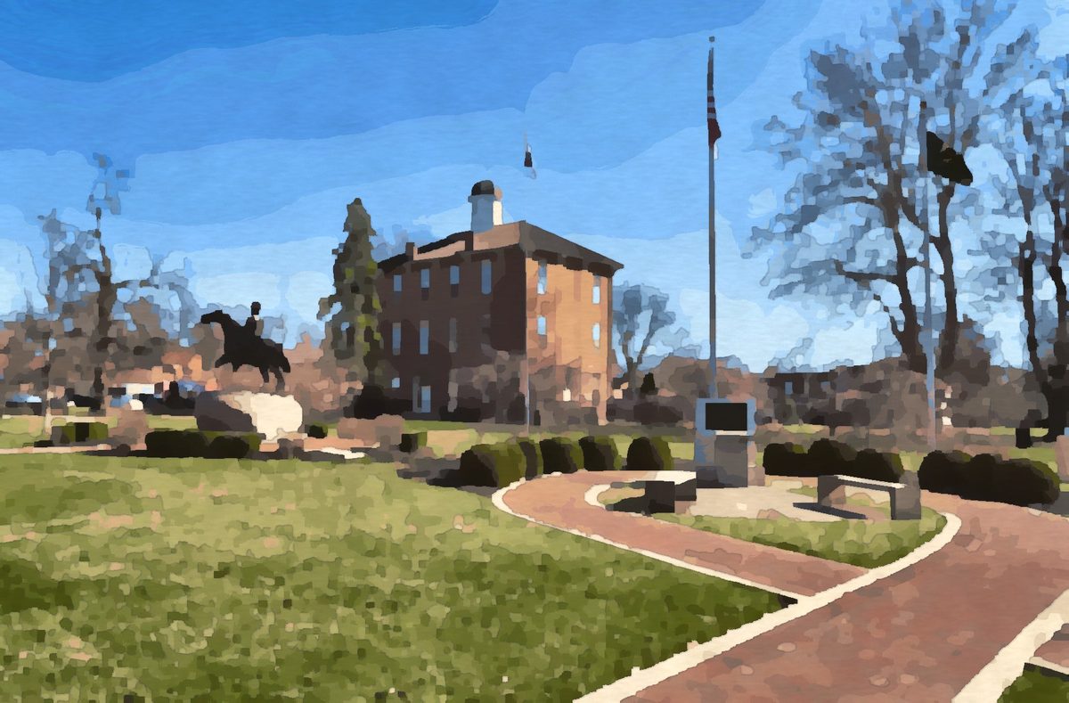 Painting of the historic town hall on the village square in Sunbury, Ohio