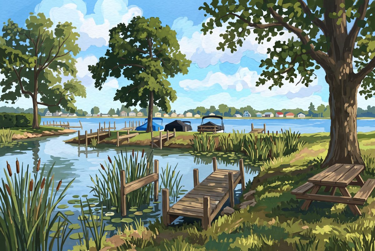 Painting of wooden docks in a reedy cove on Buckeye Lake near Thornville, Ohio