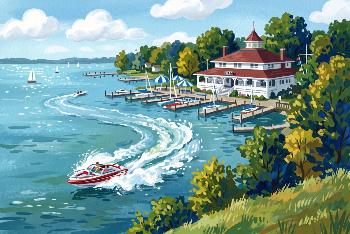 Painting of a speedboat crossing Buckeye Lake in front of the lakeside yacht club near Thornville, Ohio