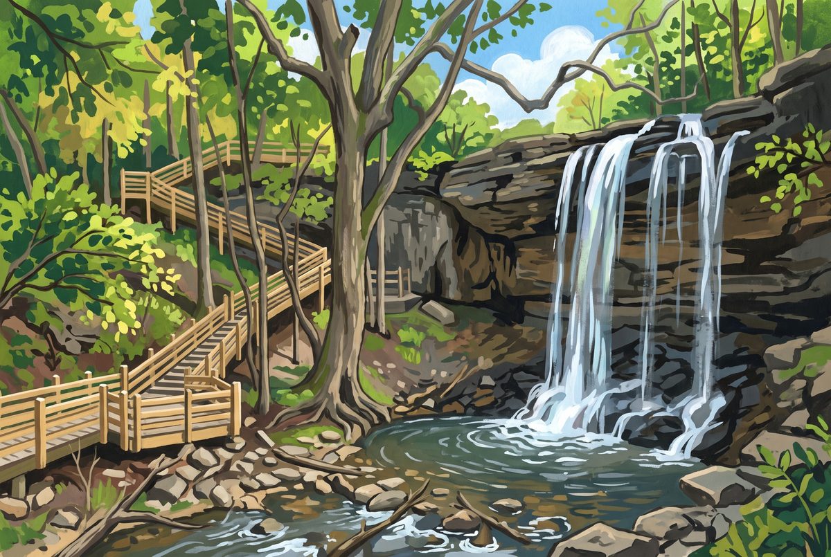Painting of the 37-foot limestone waterfall at Charleston Falls Preserve near Tipp City, Ohio
