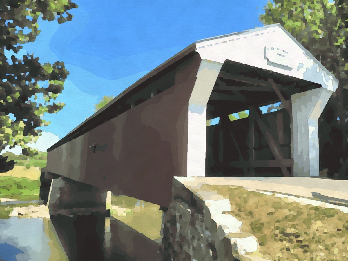 Painting of the red Eldean Covered Bridge over the Great Miami River near Troy, Ohio