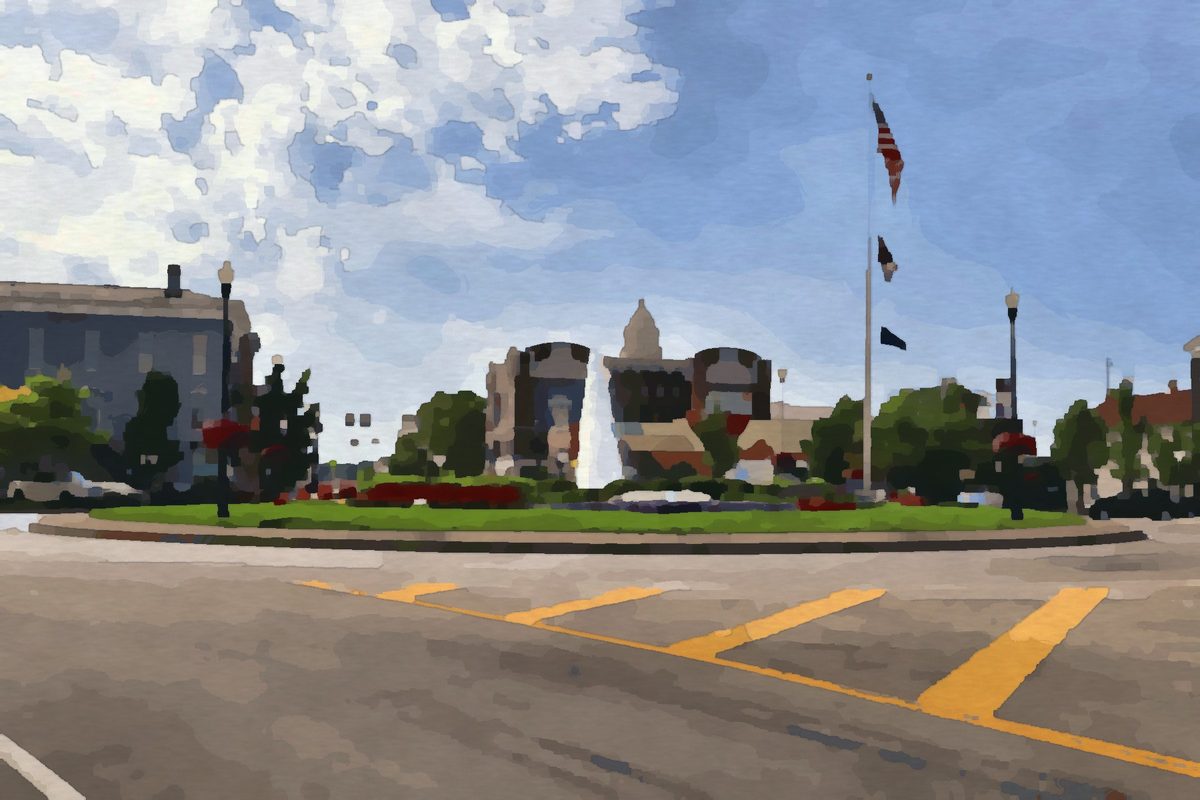 Painting of the fountain on Public Square in downtown Troy, Ohio