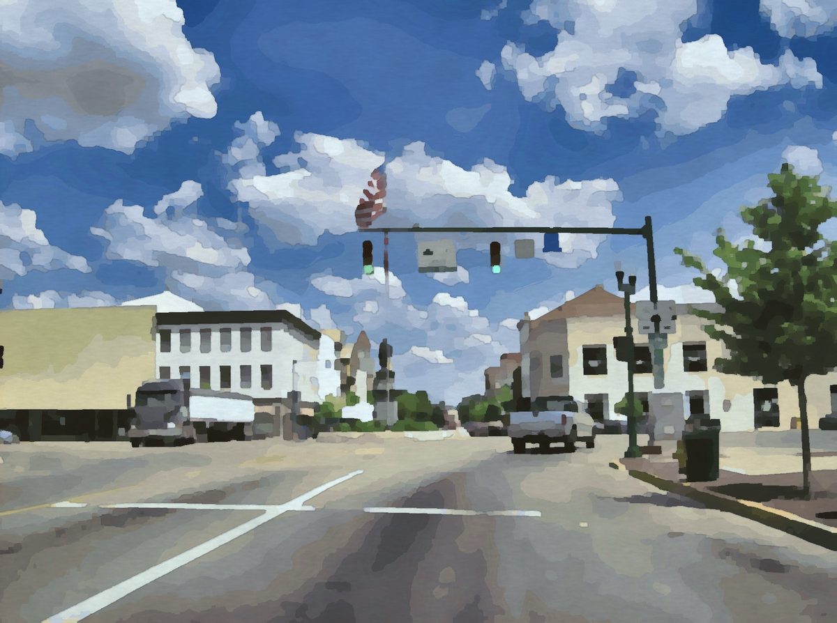 Painting of Monument Square in downtown Urbana, Ohio