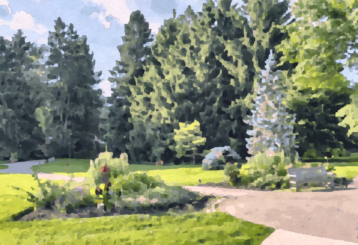 Painting of the entrance garden at Inniswood Metro Gardens in Westerville, Ohio