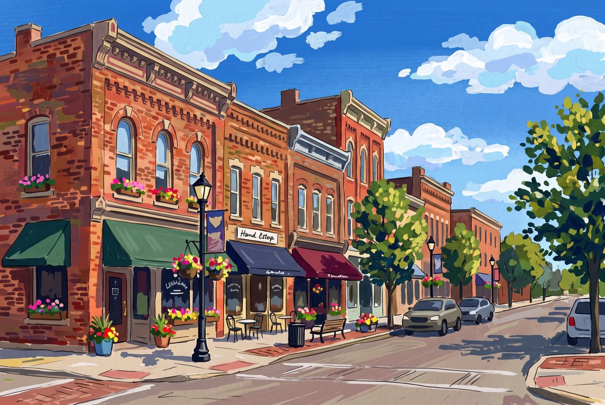 Painting of historic State Street storefronts in Uptown Westerville, Ohio