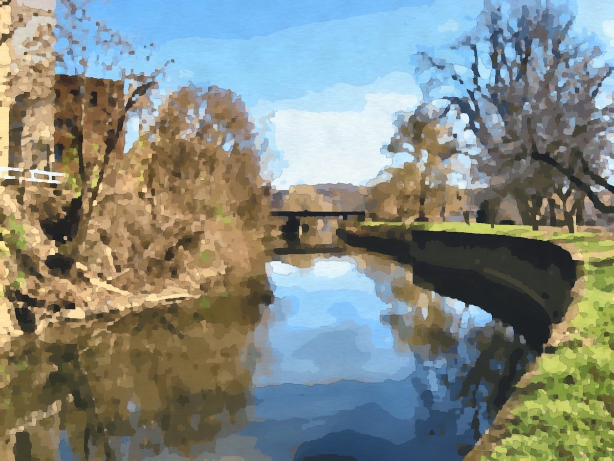 Painting of the Muskingum River canal and lock at Zanesville, Ohio
