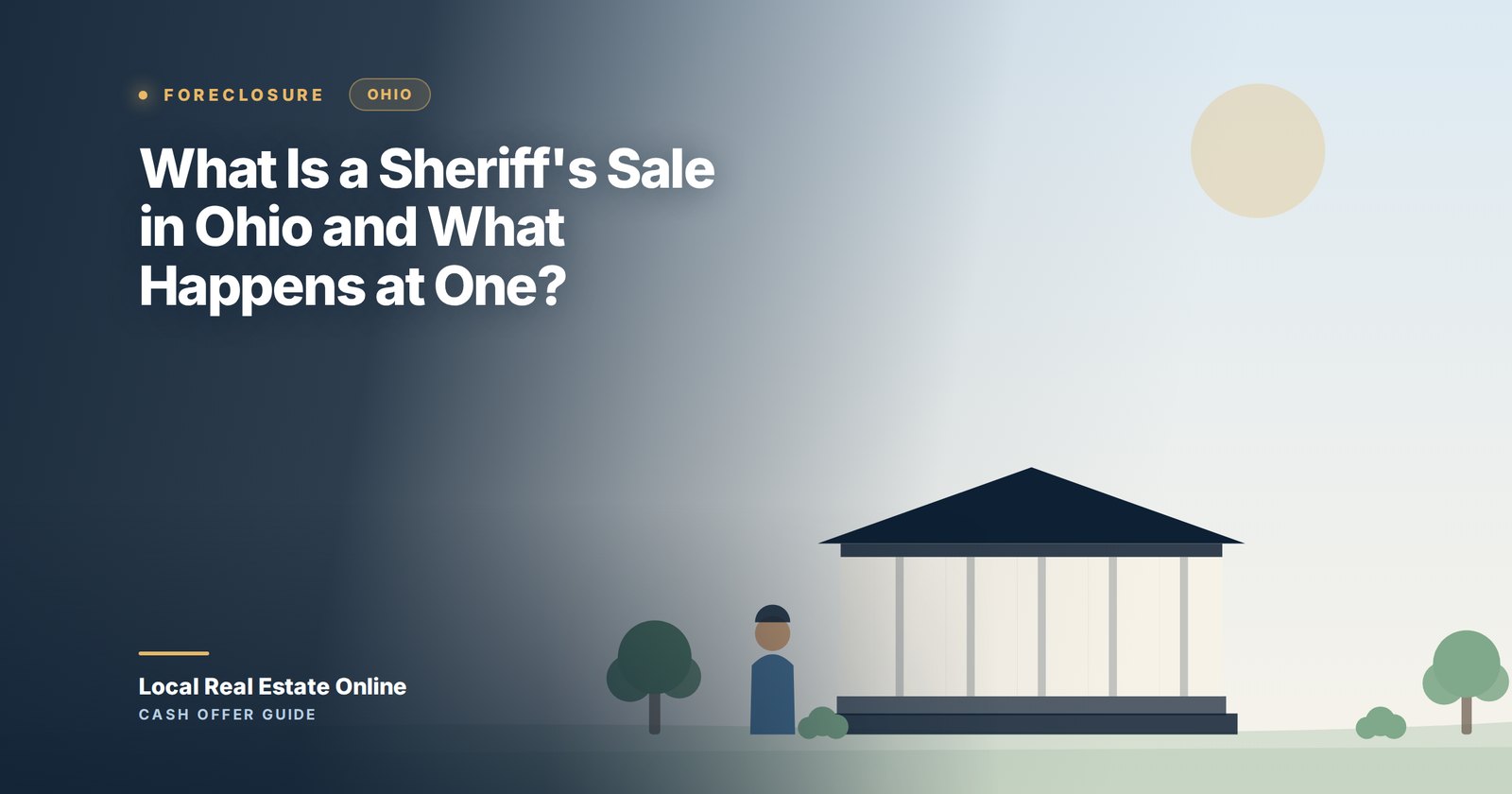 Illustration of a county courthouse where an Ohio sheriff's sale auction is held, with a gavel and a bid card in the foreground