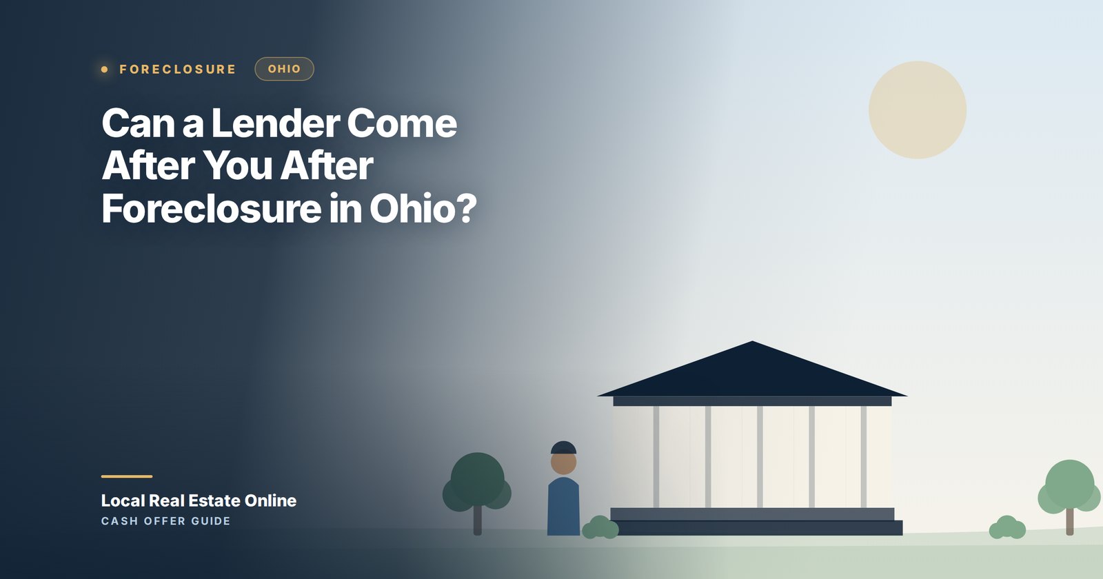 Illustration of a county courthouse with a debt statement in the foreground, representing an Ohio deficiency judgment after foreclosure