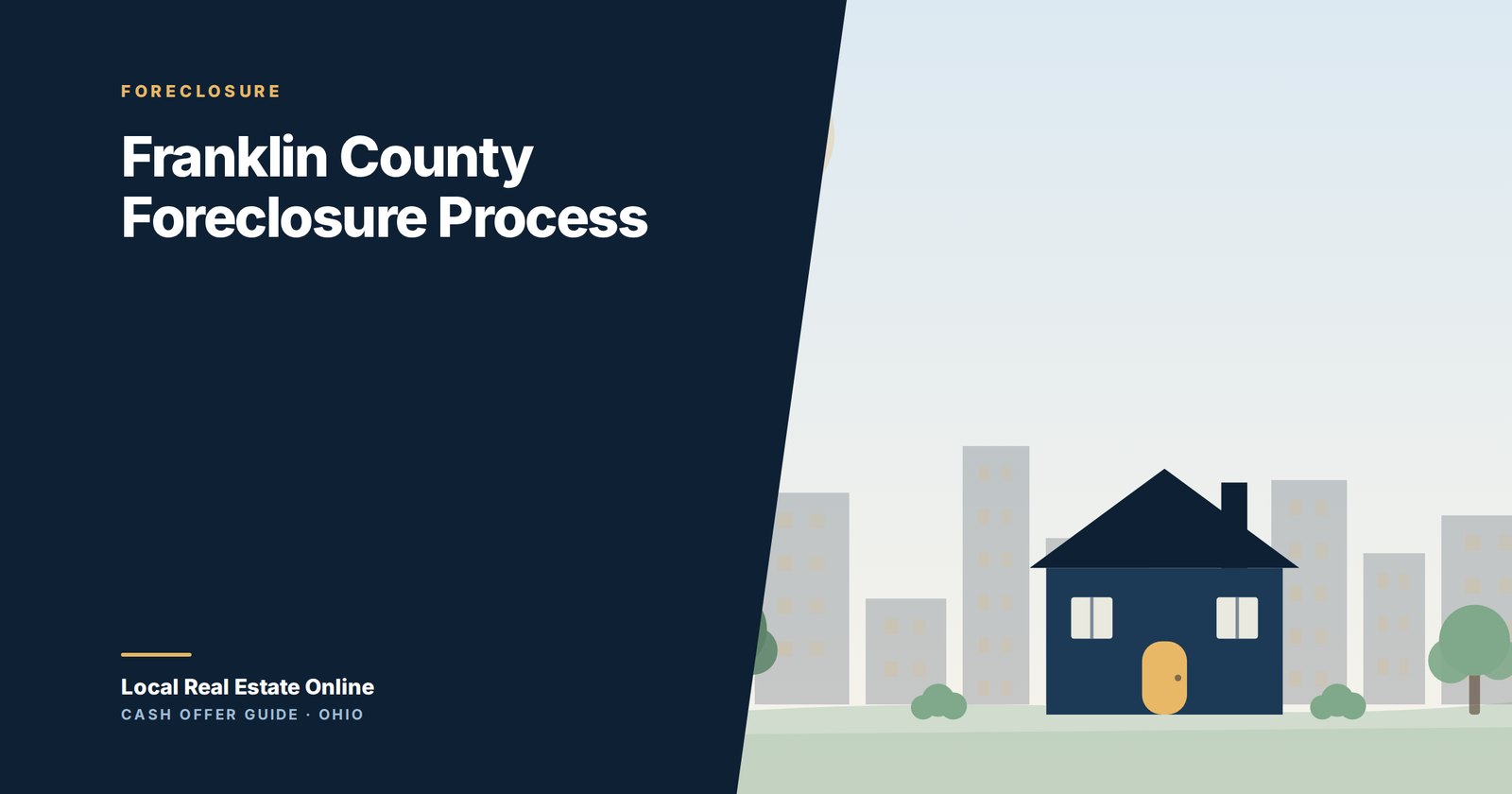 Illustration of the Columbus skyline behind a courthouse and a foreclosure case file, representing a Franklin County foreclosure
