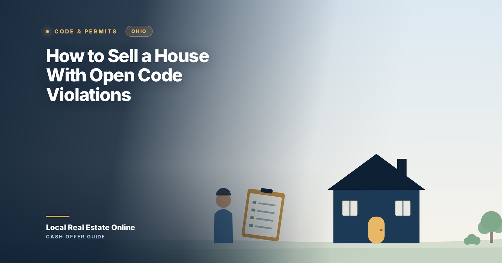 Illustration of a code inspector holding a clipboard in front of an Ohio house