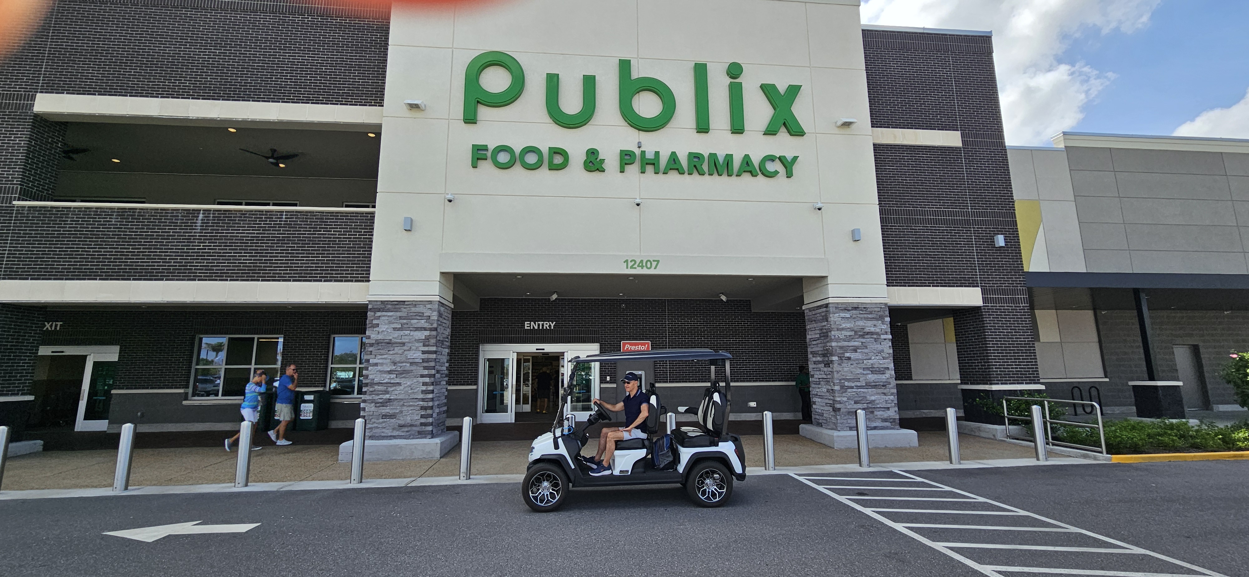 Thom Montrois visiting the Publix at Riverland Town Center, arriving by golf cart via the Riverland Paseo trail in Port St. Lucie