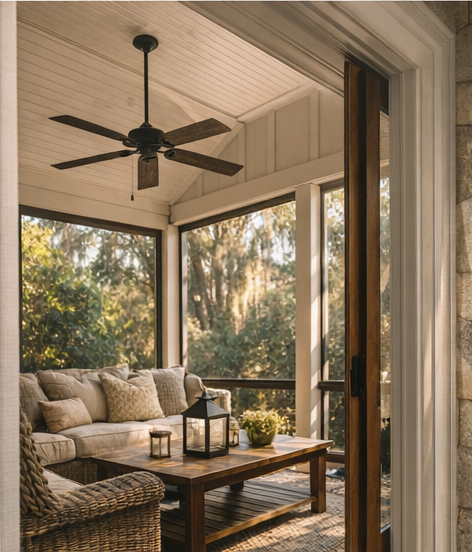 Warm afternoon light streams through spanish moss draped trees into screened in porch with high ceiling, beautiful lounging furniture and a ceiling fan