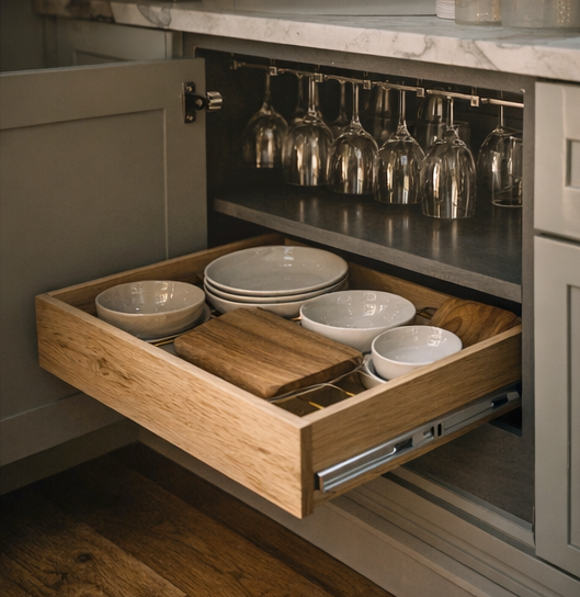 Soft gray cabinets open below stone countertops with hanging wine glasses and pull out drawer with white dishes