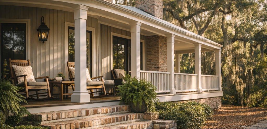 Refined Lowcountry front porch with layered materials and warm natural light