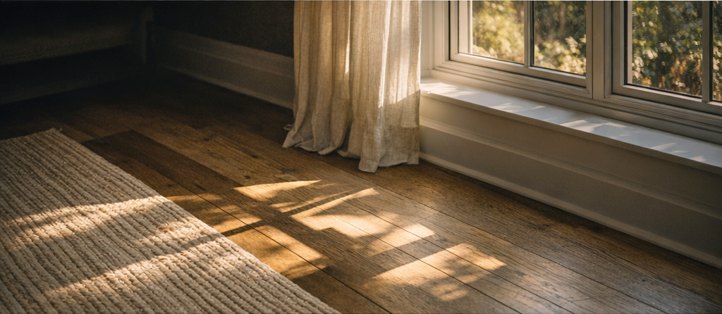 Soft afternoon light across interior flooring near large windows