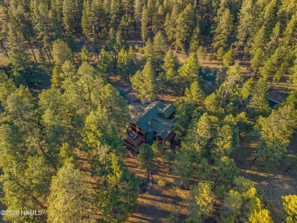 Covered front porch with stone fireplace and Ponderosa pine mountain views at 1344 Buckhorn Loop, Flagstaff AZ