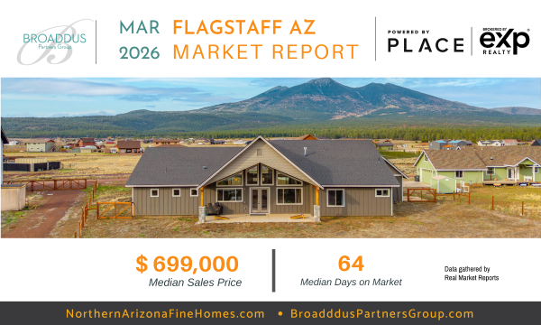 Flagstaff Arizona residential neighborhood with single-level homes, mountain views, and winter landscape featured in the February 2026 real estate market report showing median sales price of $680,000 and 124 median days on market.