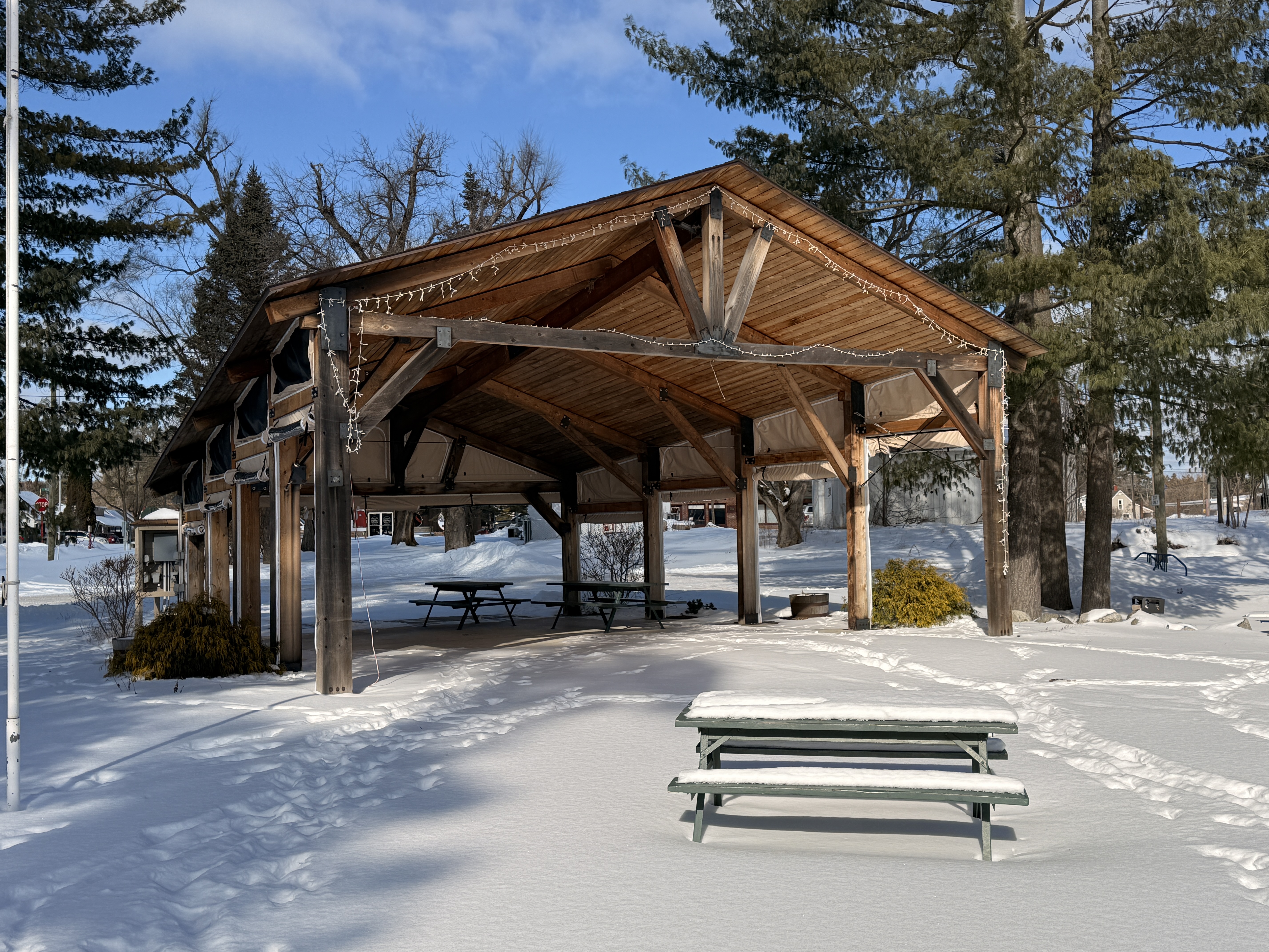Event stage and pavilion at Briley Township Park Atlanta Michigan - Huston Real Estate