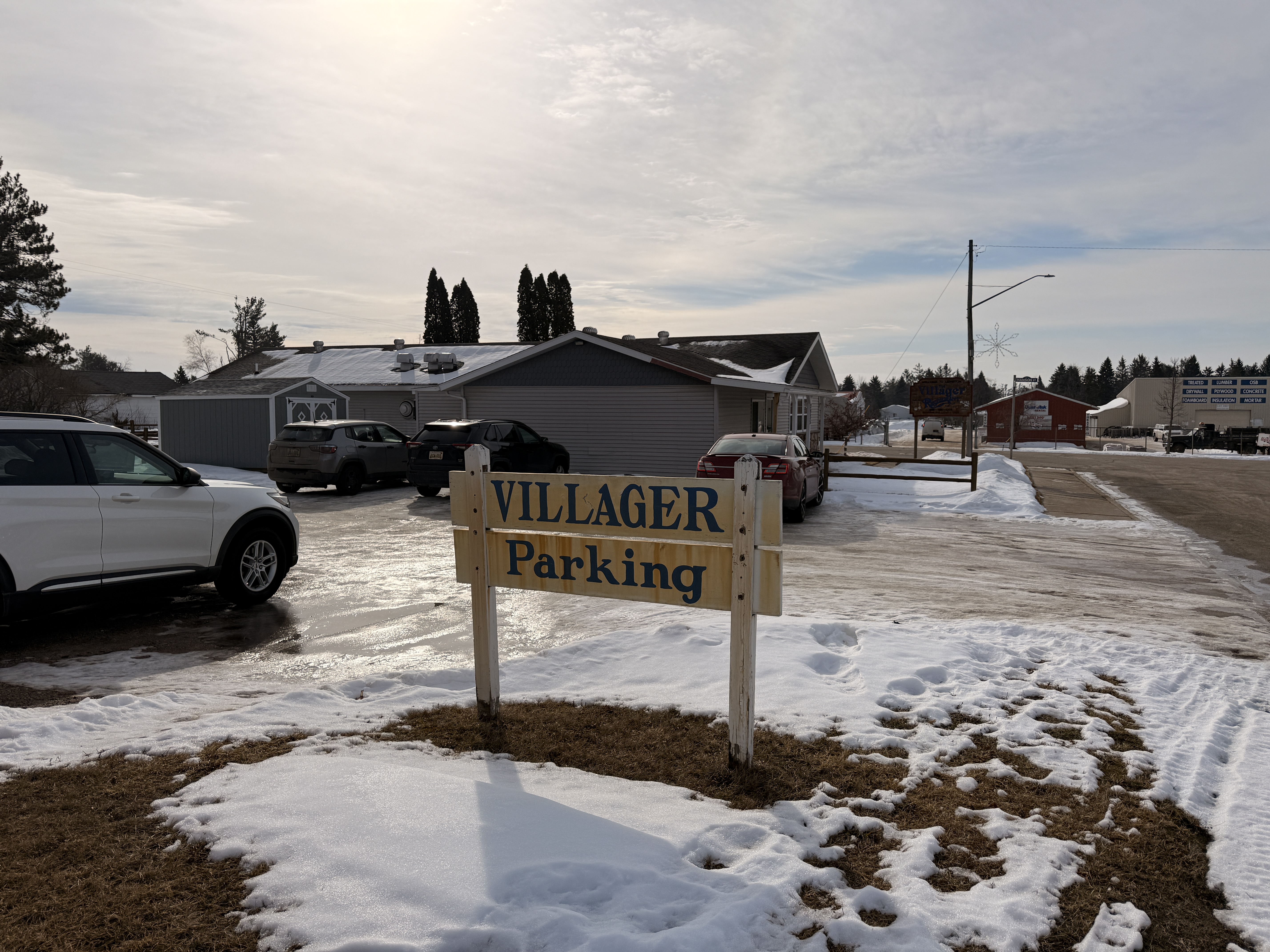 The Villager Restaurant parking sign in Lewiston, Northern Michigan - Huston Real Estate