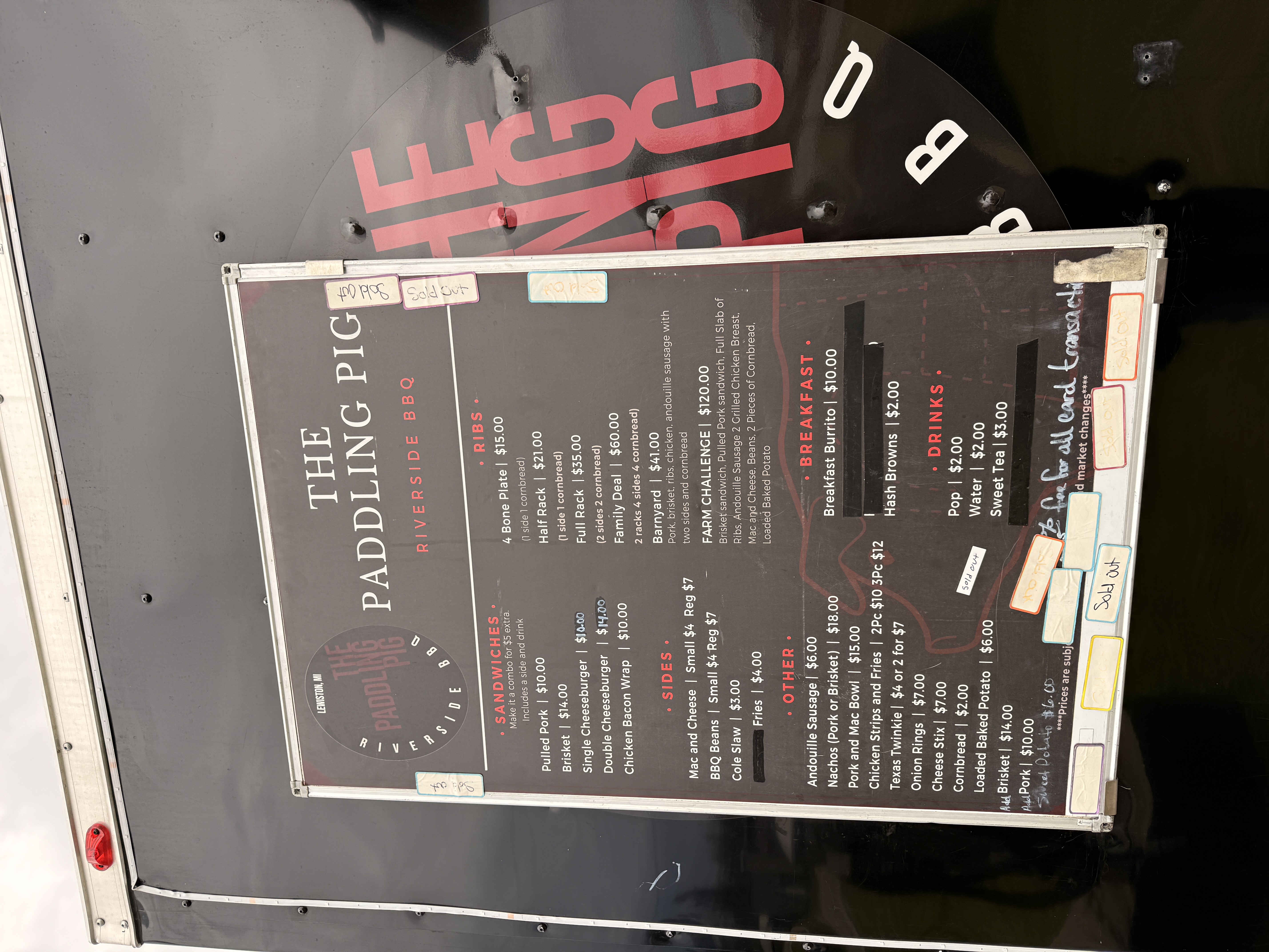 The Paddling Pig menu board - Lewiston Michigan food truck