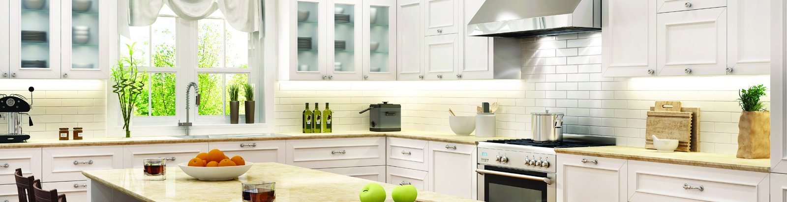 Bright white kitchen with open shelving